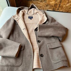 Lands' End Brown wool with hood Coat with Checkered Lining